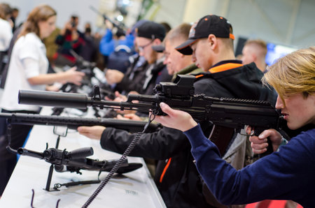 Kyiv, Ukraine - October 10, 2018: People at the weapon exhibition. International Exhibition ARMS AND...