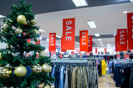 Soest, Germany - December 13, 2018: Signs of sale in the C&A store.のeditorial素材