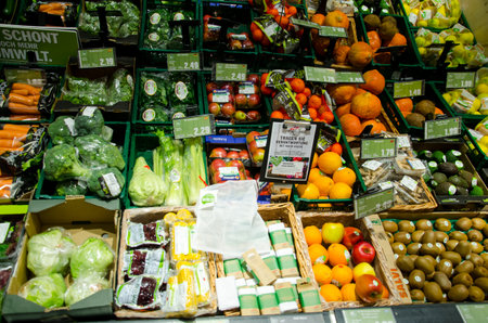 Soest, Germany - December 17, 2018: Fresh fruits and vegetables on shelf in HIT supermarket.のeditorial素材
