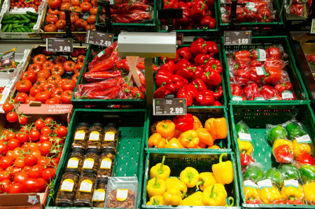 Soest, Germany - December 17, 2018: Fresh vegetables on shelf in HIT supermarket.のeditorial素材
