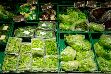 Soest, Germany - December 17, 2018: Fresh feld salad and lettuce salad on shelf in HIT supermarket.のeditorial素材