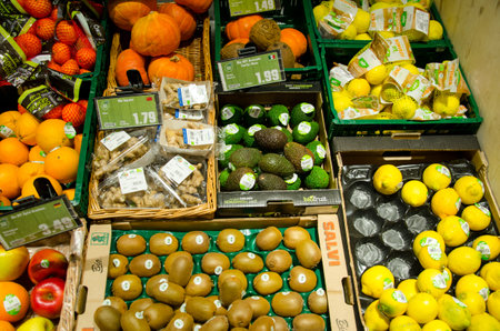 Soest, Germany - December 17, 2018: Fresh fruits on shelf in HIT supermarket.のeditorial素材