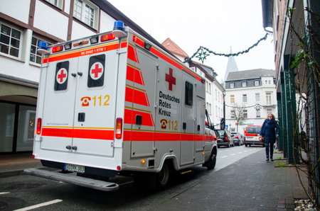 Soest, Germany - December 31, 2018: German Red Cross Ambulance Car (German: Deutsches Rotes Kreuz)のeditorial素材
