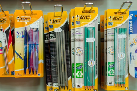 Soest, Germany - January 3, 2019: BIC pencils and pen for sale in the shop.のeditorial素材