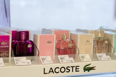 Soest, Germany - January 3, 2019: LACOSTE Perfume for sale in the shop.のeditorial素材