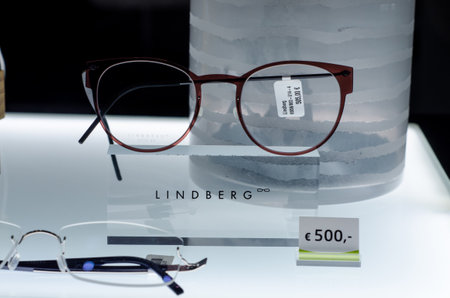 Soest, Germany - January 14, 2019: LINDBERG glasses in the shop window.のeditorial素材