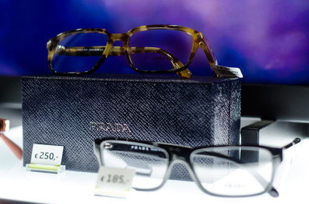 Soest, Germany - January 14, 2019: PRADA glasses in the shop window.のeditorial素材