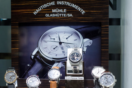 Soest, Germany - January 14, 2019: MÃ¼hle GlashÃ¼tte watches in the shop window.