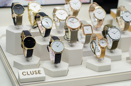 Soest, Germany - January 14, 2019: CLUSE watches in the shop window.のeditorial素材