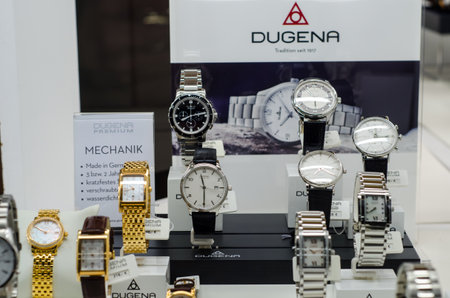 Soest, Germany - January 14, 2019: DUGENA watches in the shop window.のeditorial素材