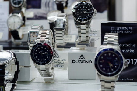 Soest, Germany - January 14, 2019: DUGENA watches in the shop window.のeditorial素材