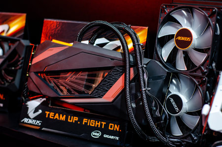 Kyiv, Ukraine - April 12, 2019: Gigabyte AORUS Graphics Cardsのeditorial素材
