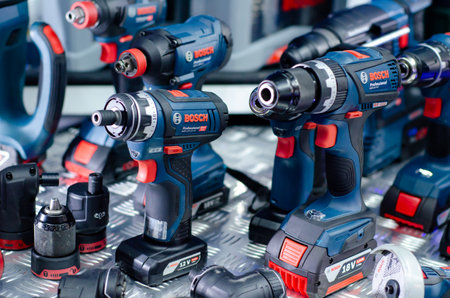 Kyiv, Ukraine - April 12, 2019: Close-up of different  BOSCH tools.