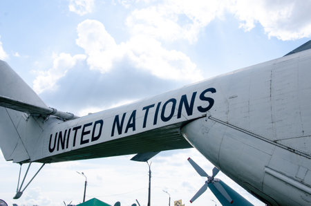 Kyiv, Ukraine - May 11, 2019: United Nations marking on the Mil Mi-26 Helicopter.のeditorial素材