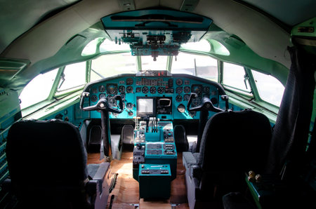Kyiv, Ukraine - May 11, 2019: Tupolev Tu-154 Aircraft dashboard. View inside the pilot's cabinのeditorial素材