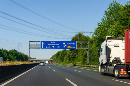 North Rhine-Westphalia, Germany - July 26, 2019: Road traffic on the German Highway (autobahn) A1...