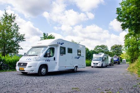 Mohnesee, Delecke, Germany - August 1, 2019: Motorhome Parking near Mohnesee.のeditorial素材