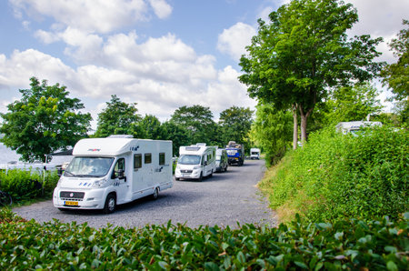 Mohnesee, Delecke, Germany - August 1, 2019: Motorhome Parking near Mohnesee.のeditorial素材