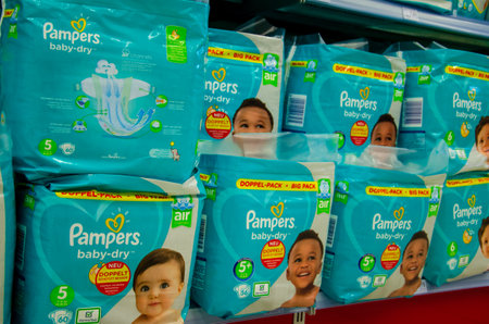Soest, Germany - August 3, 2019: Pampers diaper pack for sale in the store.