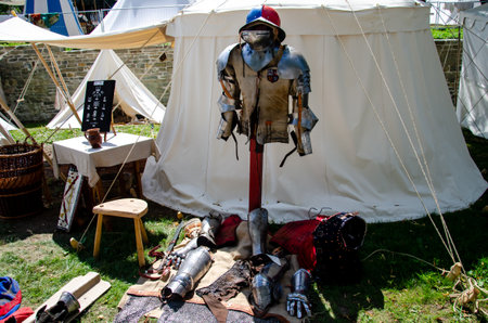 Soest, Germany - August 4, 2019: Metal medieval knight armor parts. Soester Fehde 2019.