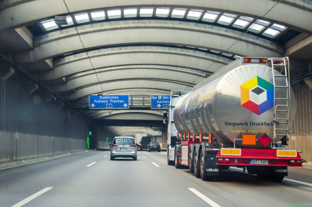 Cologne, Germany - July 26, 2019: Cars Driving Through The Tunnel. Autobahn 1- LÃ¶venicher autobahn tunnels.のeditorial素材