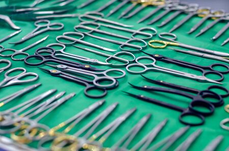 Close-up of many different medical scissors.の写真素材