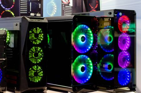 Computer case with colored coolersの写真素材