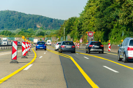 North Rhine-Westphalia, Germany - July 26, 2019: Repair work on the germany autobahn A1
