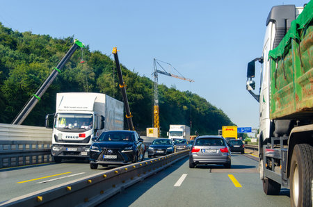 North Rhine-Westphalia, Germany - July 26, 2019: Repair work on the germany autobahn A1のeditorial素材