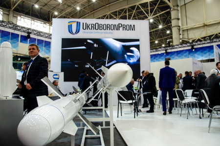 Kyiv, Ukraine - October 09, 2019: UkrOboronProm (Ukrainian Defense Industry) Exposition Stand. International Specialized Exhibition Arms and security '2019のeditorial素材