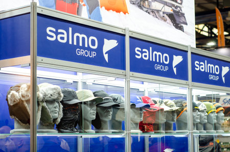 Kyiv, Ukraine - September 25, 2019: Glass Showcase Salmo in the store.のeditorial素材