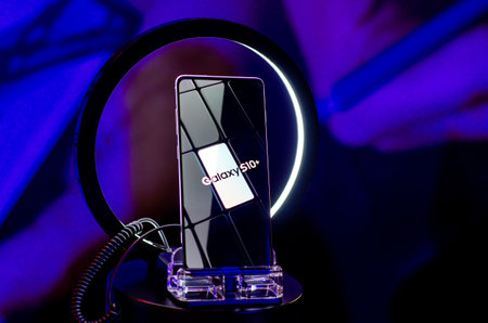 Kyiv, Ukraine - September 28, 2019: Samsung exhibition stand with Samsung S10+