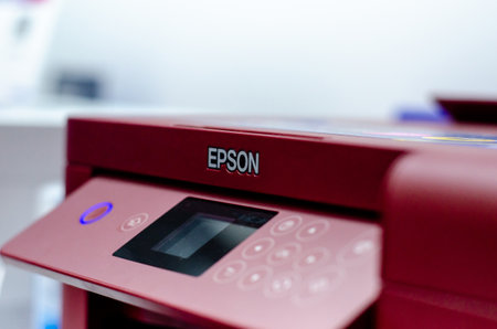 Kyiv, Ukraine - September 28, 2019: Close-up of Epson logoのeditorial素材