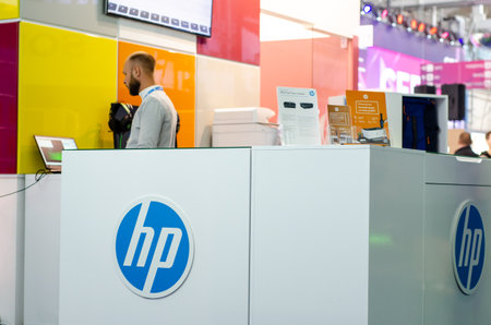 Kyiv, Ukraine - September 28, 2019: Hewlett-Packard HP Exposition Stand at the exhibition.のeditorial素材