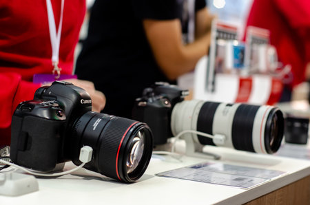 Kyiv, Ukraine - September 28, 2019: Canon photo cameras at the exhibition.のeditorial素材
