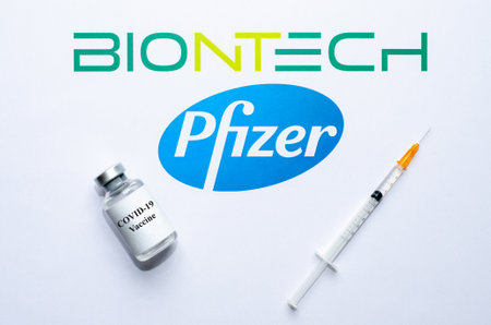 Kyiv, Ukraine - December 01, 2020: Pfizer BioNTech Covid-19 vaccine concept.のeditorial素材