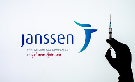 Kyiv, Ukraine - December 03, 2020: Backlit single shot image of Janssen Pharmaceutica by Johnson & Johnson Covid-19 vaccine concept.のeditorial素材