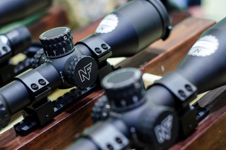Kyiv, Ukraine - Jun 16, 2021: Nightforce riflescopes for sale in the store.のeditorial素材