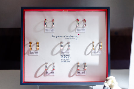 Bad Sassendorf, Germany - August 22, 2021: Linder Harmony wedding rings in the shop window.のeditorial素材