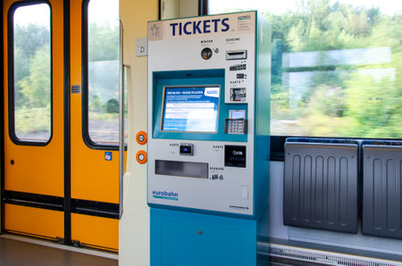 Soest, Germany - August 23, 2021: Eurobahn Keolis Deutschland train ticket machine inside FLIRT 1...