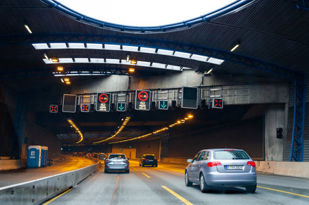 Hamburg, Germany - August 28, 2021: Bundesautobahn 7 (Autobahn, Highway) car tunnel in Hamburg.のeditorial素材
