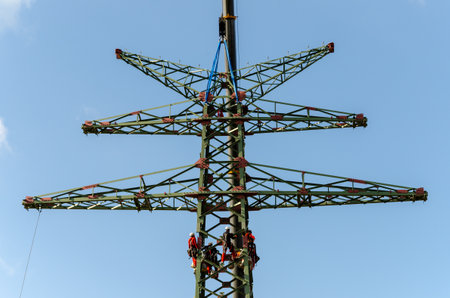 Schuby, Germany - August 30, 2021: High Voltage Tower Installation.のeditorial素材