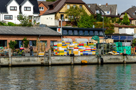 Kappeln, Germany - September 07, 2021: View of the fishing harbor and city of Kappelnのeditorial素材