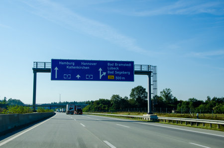 Schleswig-Holstein, Germany - September 09, 2021: Road traffic on the German Highway (Autobahn,...