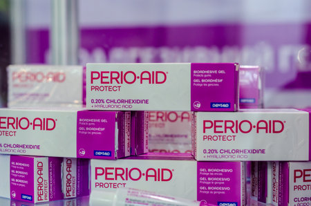 Kyiv, Ukraine - October 06, 2021: PERIO AID Protect is a bioadhesive gel that contains chlorhexidine 0.20%, hyaluronic acid and panthenol for enhanced protection of the gumsのeditorial素材