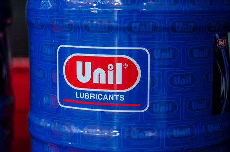Kyiv, Ukraine - November 18, 2021: Barrel with logo UNIL Lubricantsのeditorial素材