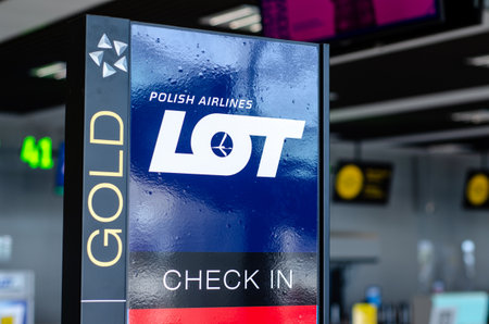 Katowice, Poland - March 11, 2021: LOT (LOT Polish Airlines) check-in at the airport terminalのeditorial素材