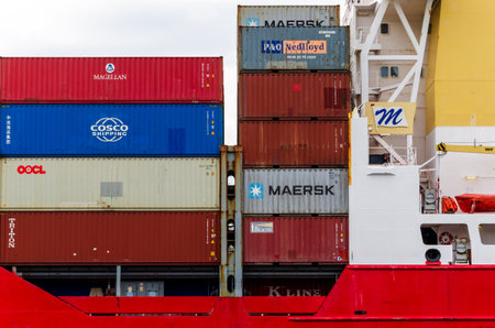 Rendsburg, Germany - May 11, 2022: Containers stacked on a large ship.のeditorial素材