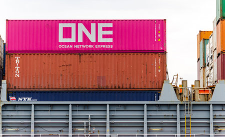 Rendsburg, Germany - May 11, 2022: Containers stacked on a large ship.のeditorial素材