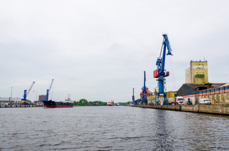 Rendsburg, Germany - May 11, 2022: The Kiel Canal (German: Nord-Ostsee-Kanal) freshwater canal in the German state of Schleswig-Holstein.のeditorial素材